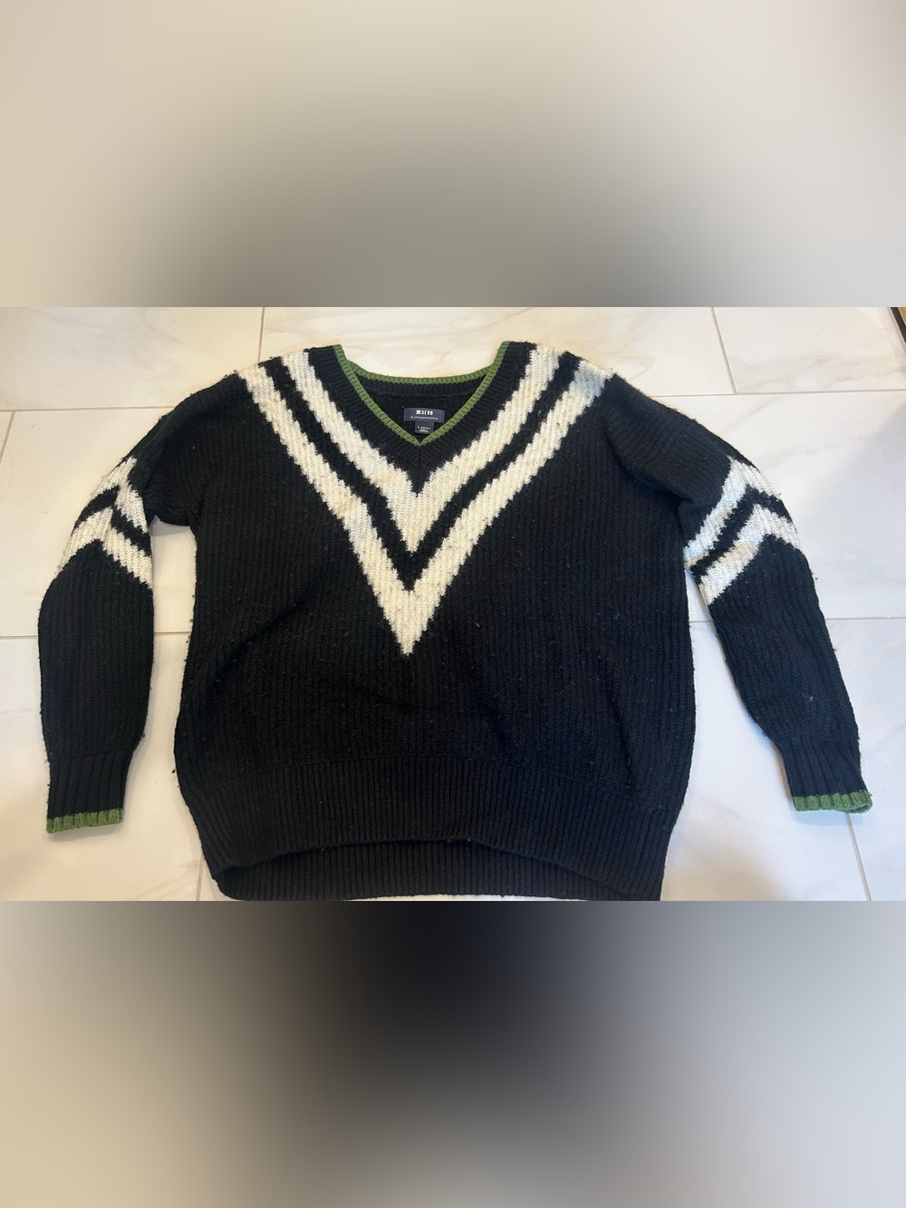 Women’s Black V-Neck Knit Sweater with White Chevron Detail